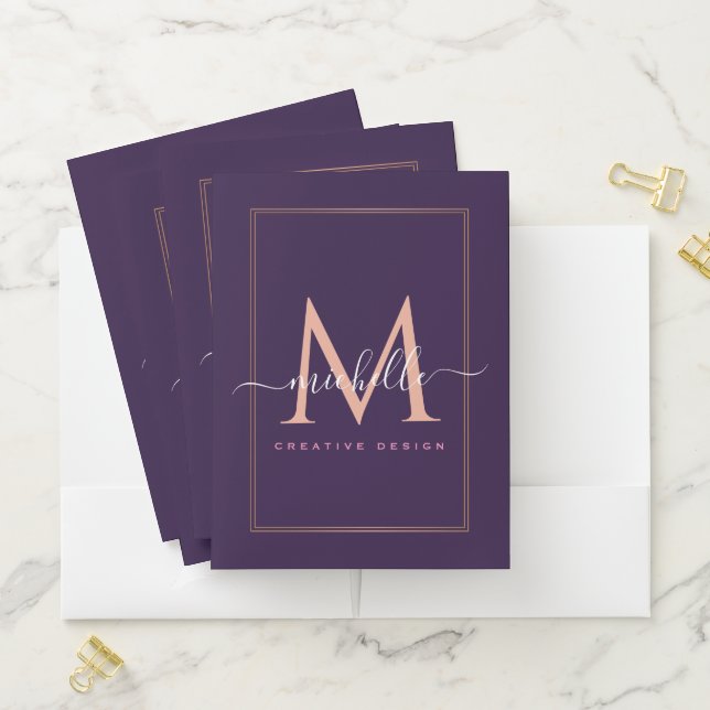 modern gold frame monogram purple business pocket folder (In Situ)