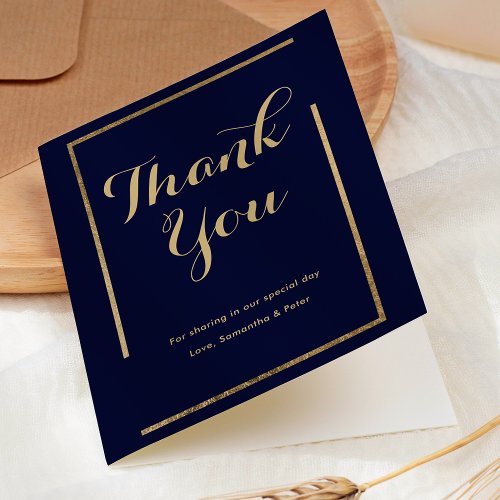 Modern gold frame navy blue script wedding thank  thank you card