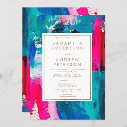 Modern gold frame neon pink navy blue wedding invitation