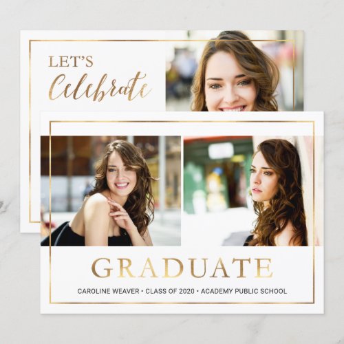 Modern Gold Frame Photo Collage Graduation Party Card
