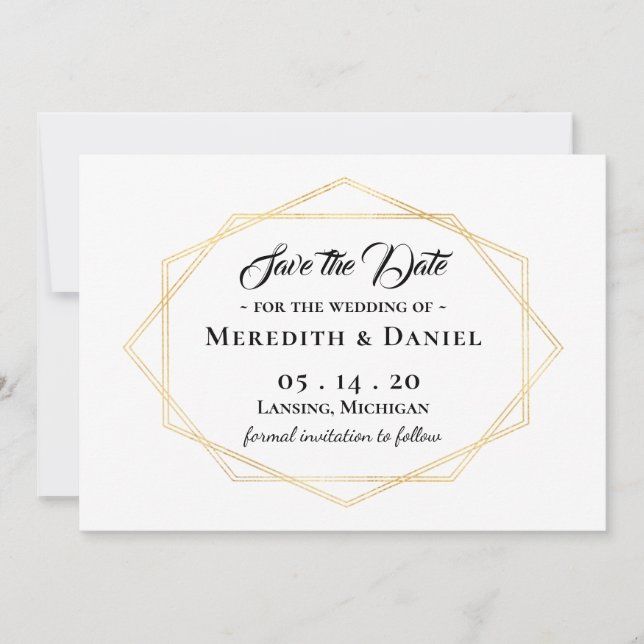 Modern Gold Frame Save The Date Announcement (Front)