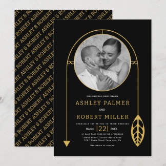 Modern gold frame with leaf and photo wedding invitation