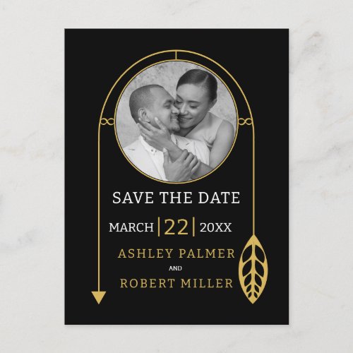 Modern gold frame with leaf and photo wedding postcard