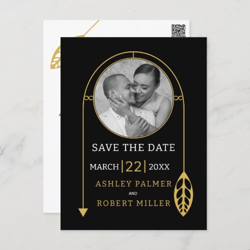 Modern gold frame with leaf and photo wedding postcard
