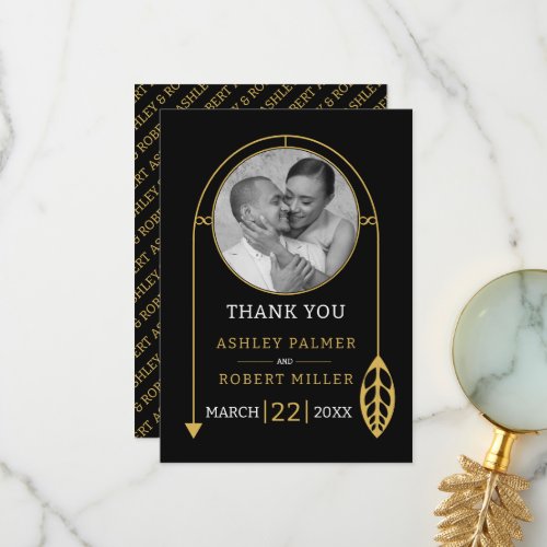 Modern gold frame with leaf and photo wedding thank you card