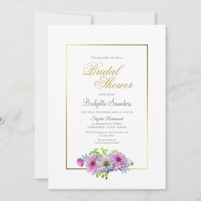 Modern Gold Framed Dahlia Floral Bridal Shower Invitation (Front)