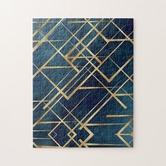 Modern Gold Geometric Blue Design Jigsaw Puzzle (Vertical)