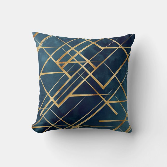 Modern Gold Geometric Blue Design Throw Pillow (Front)