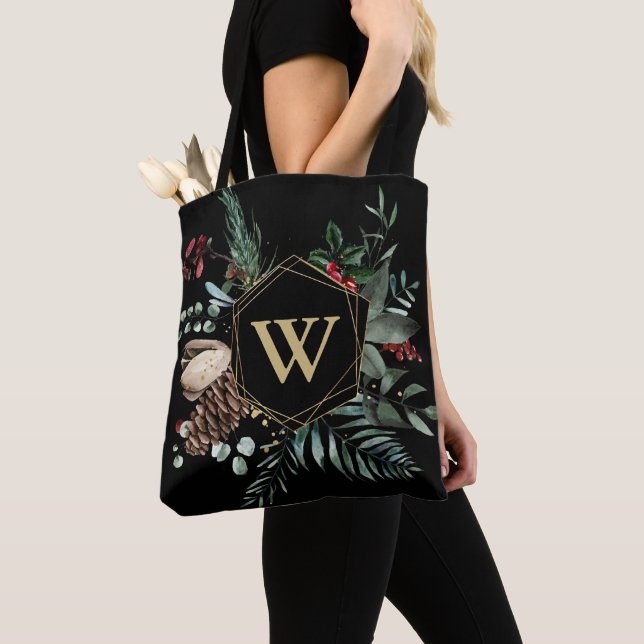 Modern Gold Geometric Christmas Wreath Monogram Tote Bag (Close Up)