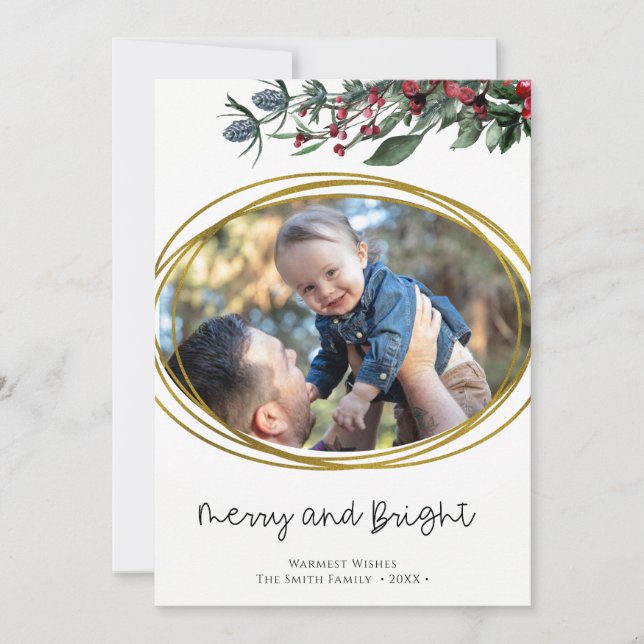 Modern Gold Geometric Circle Red Holly Berries Holiday Card (Front)