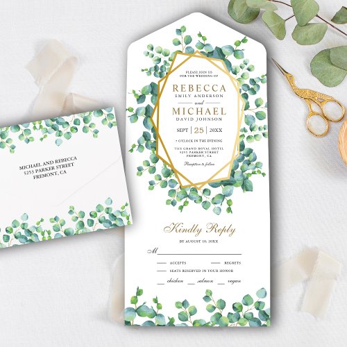 Modern Gold Geometric Eucalyptus Leaves Wedding All In One Invitation
