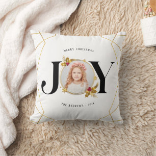 Modern Gold Geometric Family Photo Christmas Throw Pillow