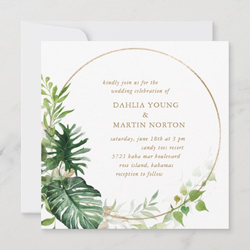 Modern Gold Geometric Greenery Tropical Wedding Invitation