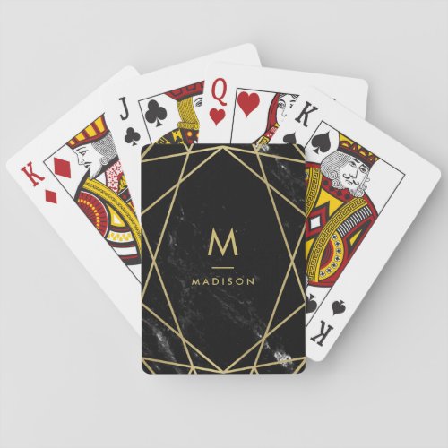 Modern Gold Geometric on Black Marble  Monogram Poker Cards