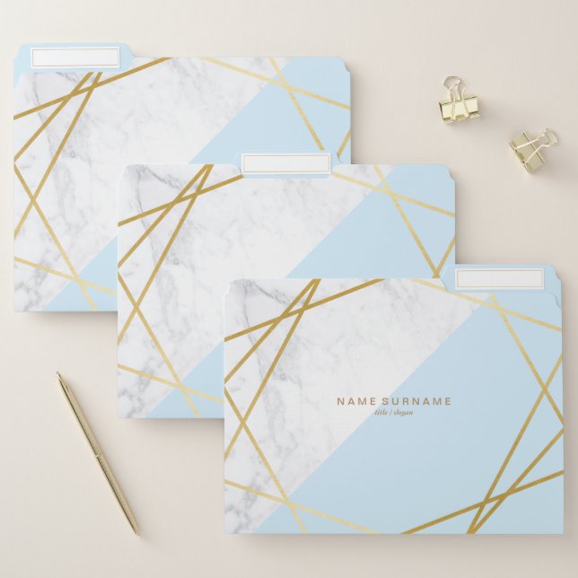 Modern Gold Geometric Pattern Marble Pastel Blue File Folder (Set)