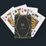 Modern Gold Geometric Pattern on Black | Monogram Poker Cards<br><div class="desc">This modern design features a deep black background,  with a faux gold look geometric pattern plus your name and initial in the center.</div>