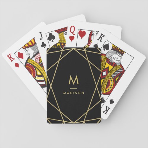 Modern Gold Geometric Pattern on Black  Monogram Poker Cards