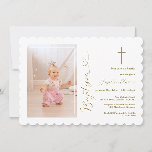 Modern Gold Girl Photo Calligraphy Baptism  Invitation (Front)