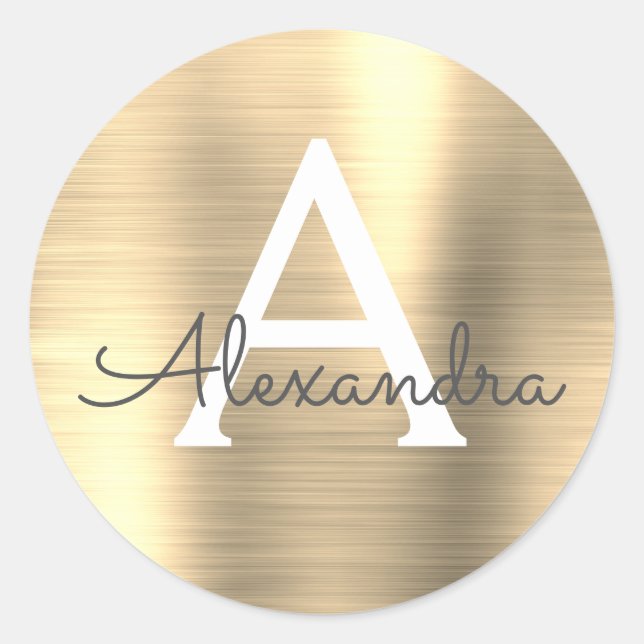 Modern Gold Girly Metallic Monogram Classic Round Sticker (Front)