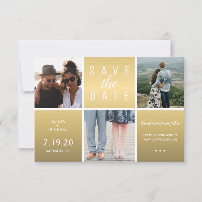 Modern gold glitter 3 photo collage wedding save the date (Front)