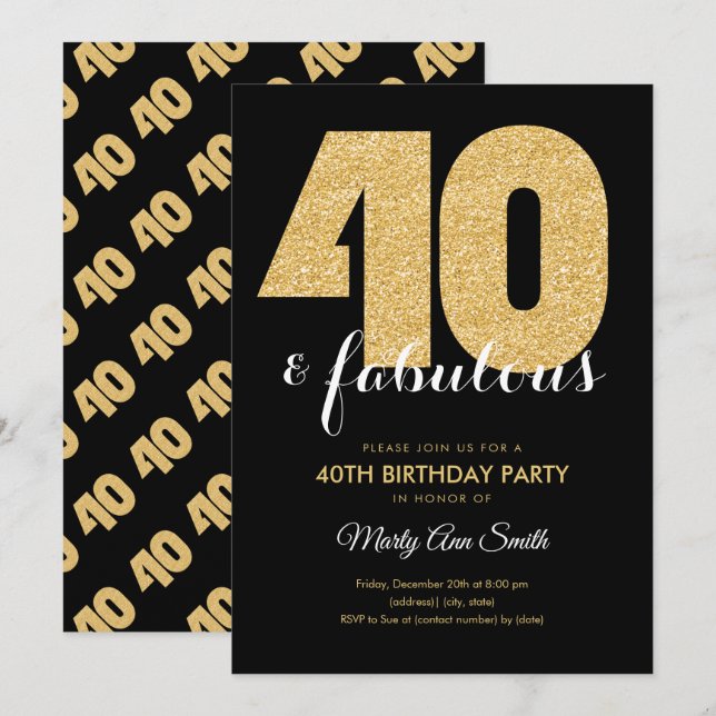 Modern Gold Glitter 40 & Fabulous Birthday Party Invitation (Front/Back)