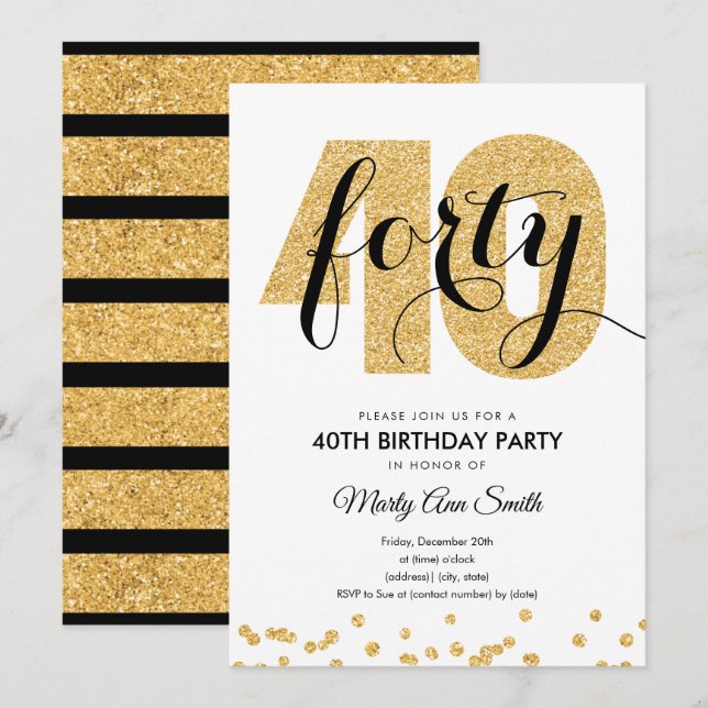 Modern Gold Glitter 40th Birthday Party Invitation (Front/Back)