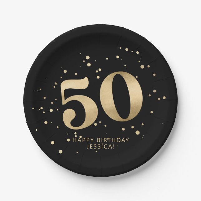 Modern Gold Glitter 50th Fifty Birthday Paper Plates (Front)