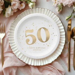 Modern Gold Glitter 50th Fifty Birthday Paper Plates