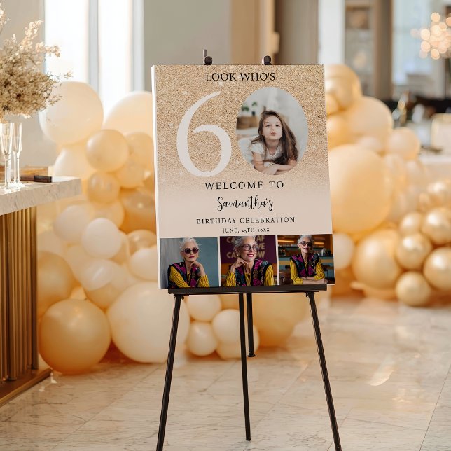 Modern gold glitter 60th Birthday 4 Photo Welcome Foam Board (Modern gold glitter 60th Birthday 4 Photo Welcome Foam Board)