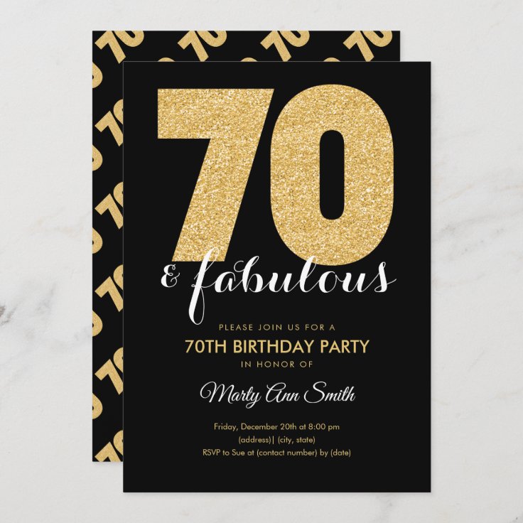 Modern Gold Glitter 70 & Fabulous Birthday Party Invitation | Zazzle