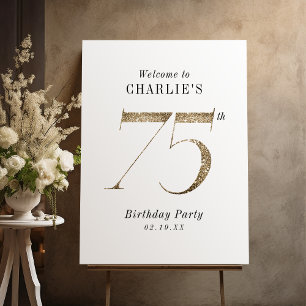 Modern gold glitter 75th birthday welcome sign