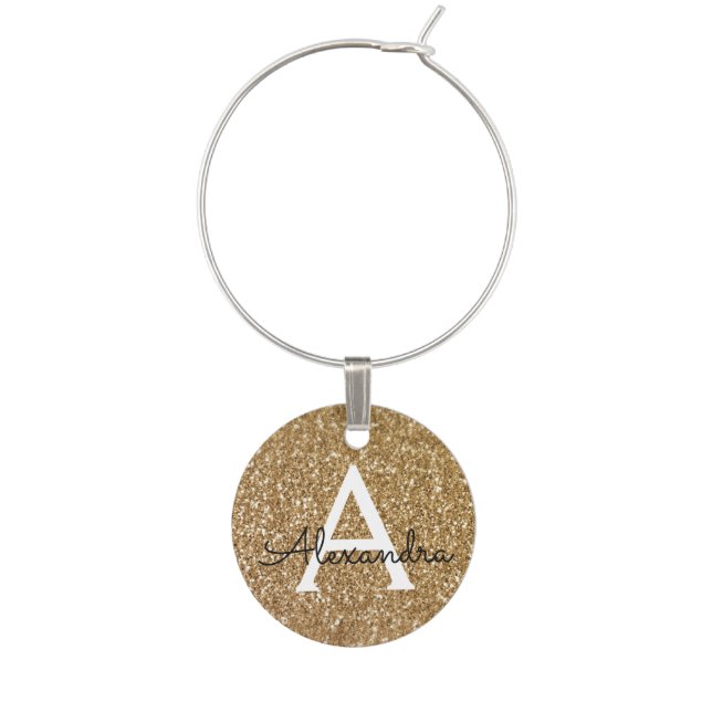 Modern Gold Glitter and Sparkle Monogram Wine Charm (Front)