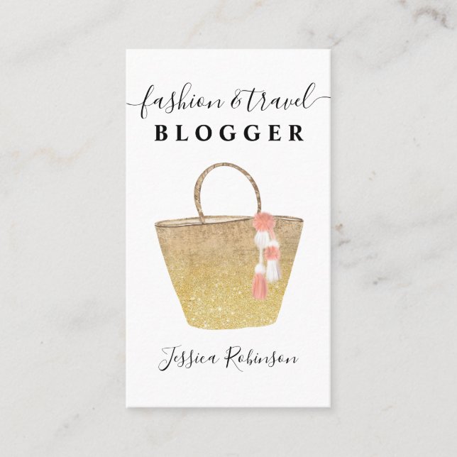 Modern gold glitter bag script fashion blogger business card (Front)