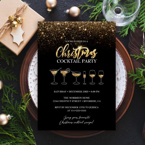 Modern Gold Glitter Black Christmas Cocktail Party Invitation
