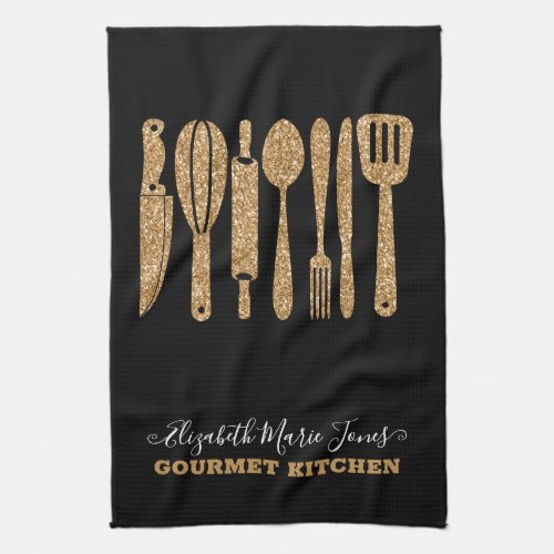 Modern Gold Glitter Black Cooking Baking Utensils Kitchen Towel