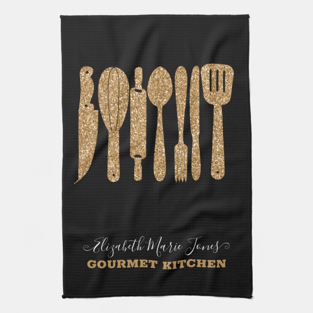 Modern Gold Glitter Black Cooking Baking Utensils Kitchen Towel (Vertical)