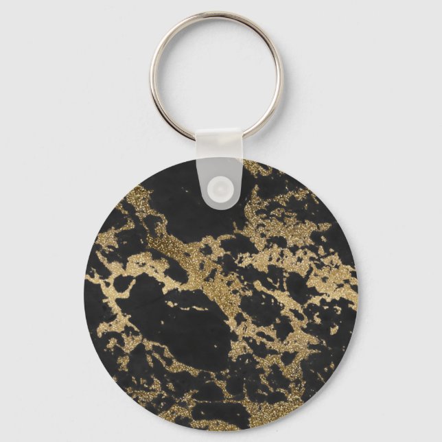 Modern Gold Glitter Black Marble Keychain (Front)
