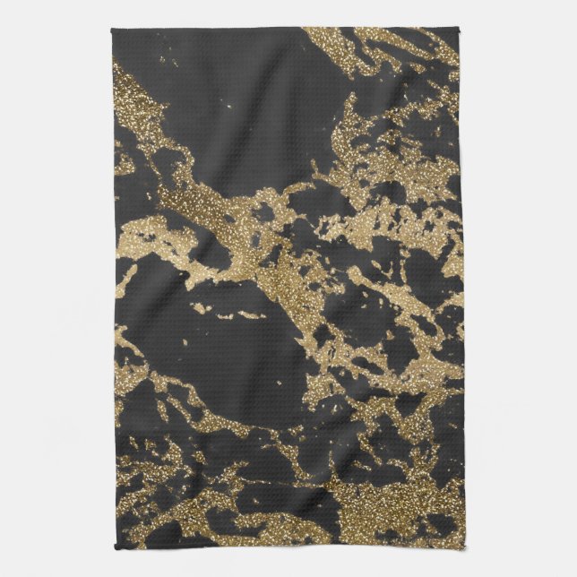 Modern Gold Glitter Black Marble Towel (Vertical)