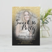 Modern gold glitter black ombre photo Sweet 16 Invitation (Standing Front)
