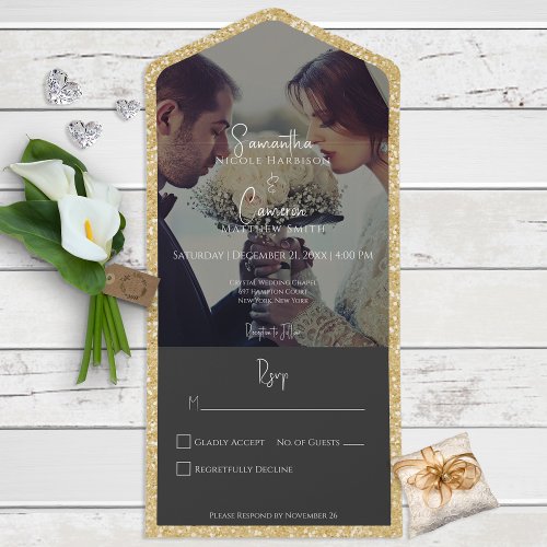 Modern Gold Glitter Black Photo No Dinner All In One Invitation