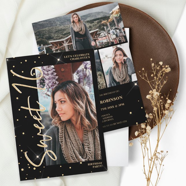 Modern gold glitter black script 4 photos Sweet 16 Invitation (Creator Uploaded)