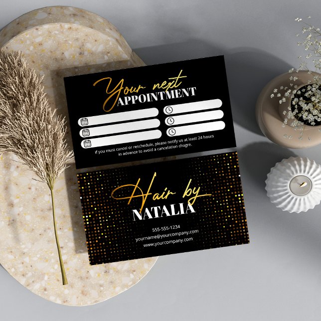 Modern Gold Glitter & Black Sparkle Hair Stylist Appointment Card (Creator Uploaded)