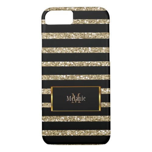 Modern gold glitter black stripes monogram name iPhone 87 case