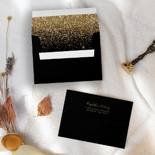 Modern Gold Glitter Black Wedding Envelope
