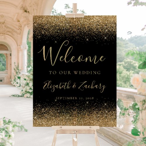 Modern Gold Glitter Black Wedding Welcome Acrylic Sign