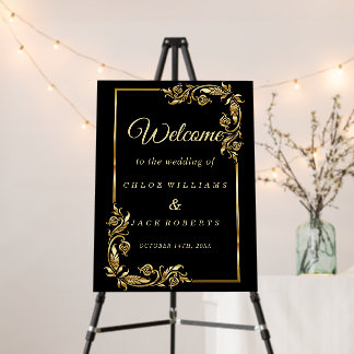 Modern Gold Glitter Black Wedding Welcome Foam Board