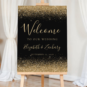 Modern Gold Glitter Black Wedding Welcome Foam Board
