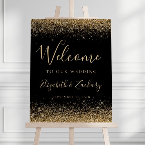 Modern Gold Glitter Black Wedding Welcome Foam Board