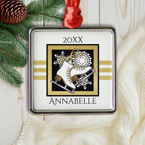 Modern Gold Glitter Black White Ice Skating Metal Ornament