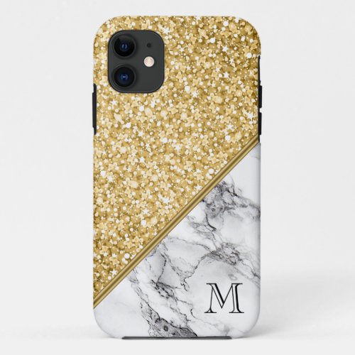 Modern Gold Glitter Black White Marble iPhone 11 Case